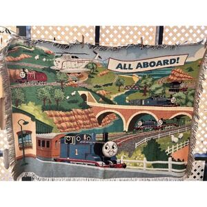 Vintage Thomas & Friends Woven Tapestry Throw Blanket All Aboard Island of Sodor